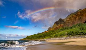 Preview wallpaper beach, coast, rainbow, waves, slope
