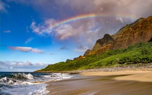 Preview wallpaper beach, coast, rainbow, waves, slope