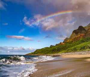 Preview wallpaper beach, coast, rainbow, waves, slope