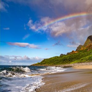 Preview wallpaper beach, coast, rainbow, waves, slope