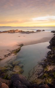 Preview wallpaper beach, coast, sea, water, horizon, twilight