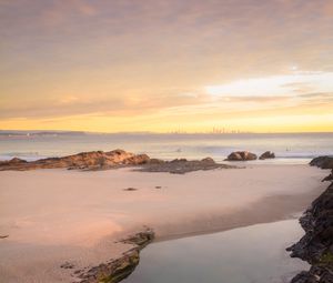 Preview wallpaper beach, coast, sea, water, horizon, twilight