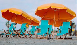 Preview wallpaper beach, deckchairs, umbrellas, sand