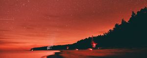 Preview wallpaper beach, dusk, starry sky, dark, red