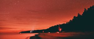 Preview wallpaper beach, dusk, starry sky, dark, red