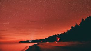 Preview wallpaper beach, dusk, starry sky, dark, red