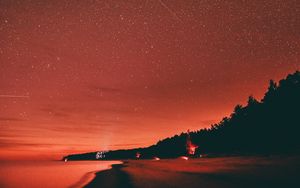 Preview wallpaper beach, dusk, starry sky, dark, red