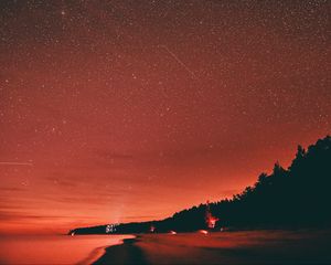 Preview wallpaper beach, dusk, starry sky, dark, red