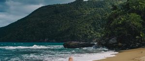 Preview wallpaper beach, hand, rocks, sea, waves