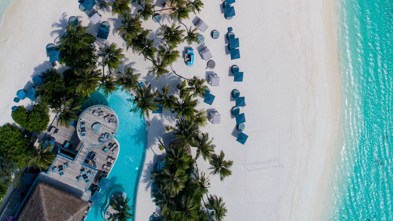 Wallpaper beach, island, aerial view, sea, palm trees, building, pool