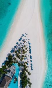 Preview wallpaper beach, island, aerial view, sea, palm trees, building, pool