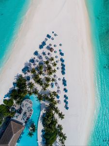 Preview wallpaper beach, island, aerial view, sea, palm trees, building, pool