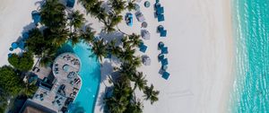 Preview wallpaper beach, island, aerial view, sea, palm trees, building, pool