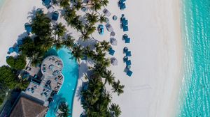 Preview wallpaper beach, island, aerial view, sea, palm trees, building, pool
