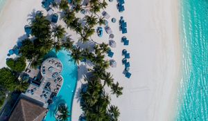 Preview wallpaper beach, island, aerial view, sea, palm trees, building, pool