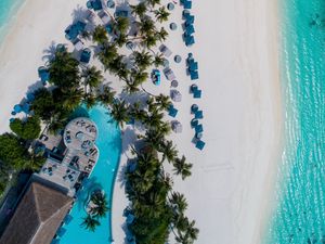 Preview wallpaper beach, island, aerial view, sea, palm trees, building, pool