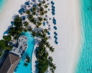 Preview wallpaper beach, island, aerial view, sea, palm trees, building, pool