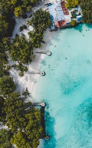 Preview wallpaper beach, island, ocean, bungalow, aerial view