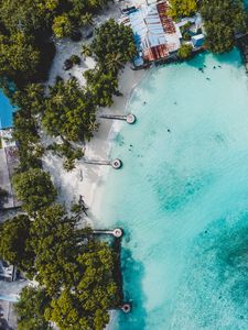 Preview wallpaper beach, island, ocean, bungalow, aerial view