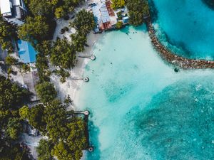 Preview wallpaper beach, island, ocean, bungalow, aerial view