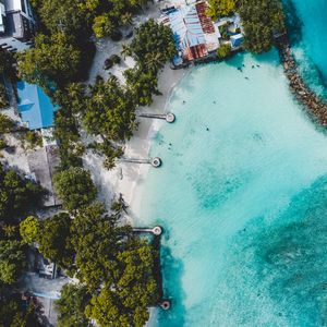 Preview wallpaper beach, island, ocean, bungalow, aerial view