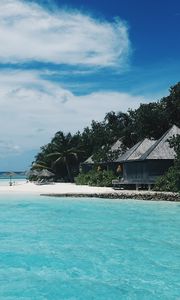 Preview wallpaper beach, maldives, bungalows, trees, tropics, summer