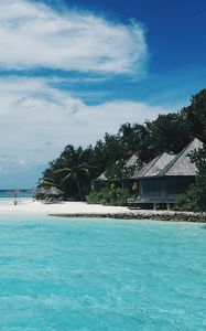 Preview wallpaper beach, maldives, bungalows, trees, tropics, summer