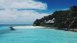 Preview wallpaper beach, maldives, bungalows, trees, tropics, summer