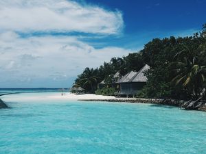 Preview wallpaper beach, maldives, bungalows, trees, tropics, summer