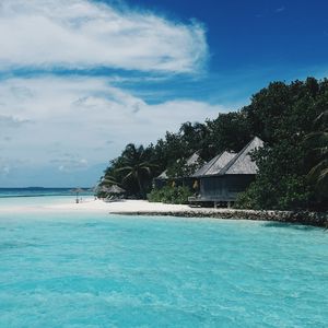 Preview wallpaper beach, maldives, bungalows, trees, tropics, summer