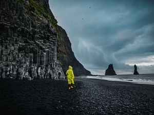 Preview wallpaper beach, man, sea, rocks, coast