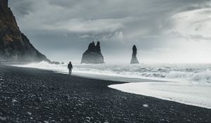 Preview wallpaper beach, man, sea, waves, rocks