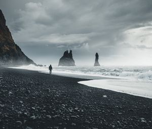 Preview wallpaper beach, man, sea, waves, rocks