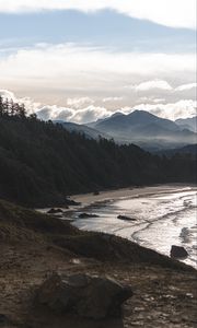 Preview wallpaper beach, mountains, forest, coast, landscape