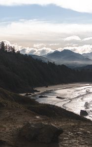 Preview wallpaper beach, mountains, forest, coast, landscape