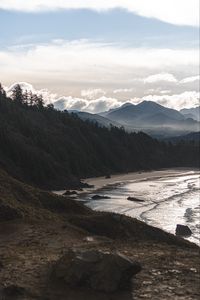 Preview wallpaper beach, mountains, forest, coast, landscape