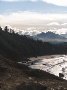 Preview wallpaper beach, mountains, forest, coast, landscape