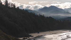 Preview wallpaper beach, mountains, forest, coast, landscape