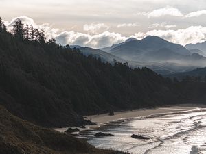 Preview wallpaper beach, mountains, forest, coast, landscape