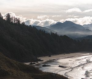 Preview wallpaper beach, mountains, forest, coast, landscape