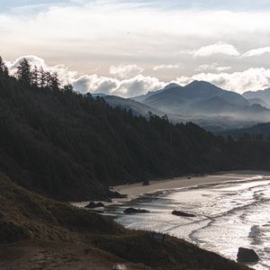 Preview wallpaper beach, mountains, forest, coast, landscape