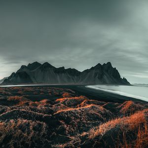 Preview wallpaper beach, mountains, landscape, sea, coast