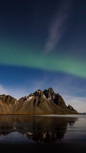 Preview wallpaper beach, mountains, northern lights, basics, night