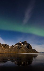 Preview wallpaper beach, mountains, northern lights, basics, night