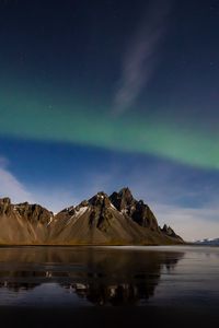 Preview wallpaper beach, mountains, northern lights, basics, night