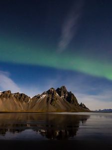 Preview wallpaper beach, mountains, northern lights, basics, night