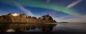 Preview wallpaper beach, mountains, northern lights, basics, night