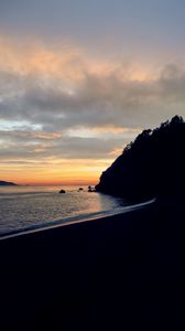 Preview wallpaper beach, mountains, sea, sunset, silhouettes, dark