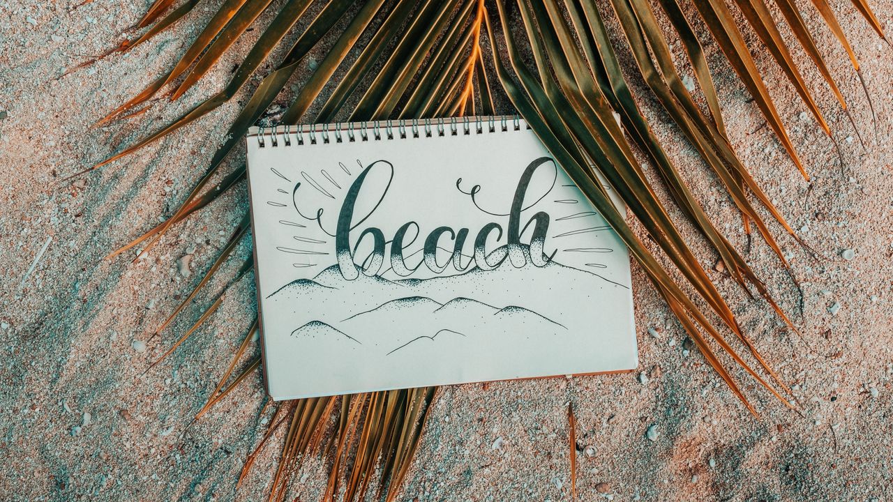 Wallpaper beach, notebook, palm, branch, sand, text