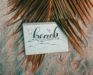 Preview wallpaper beach, notebook, palm, branch, sand, text